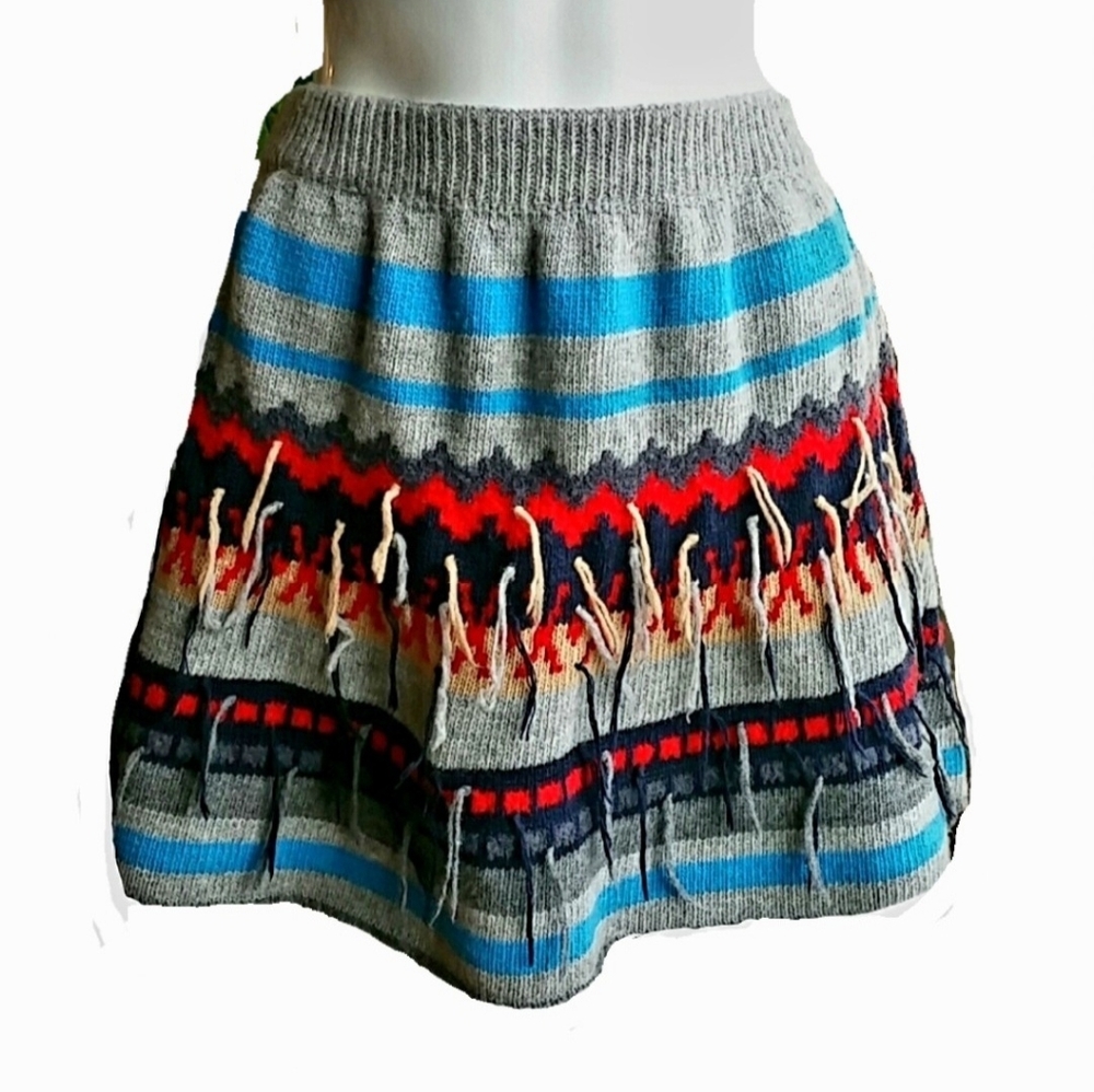 Vintage Stefanel Wool Boho Multicolor Elastic Waist Skirt Size M-L
